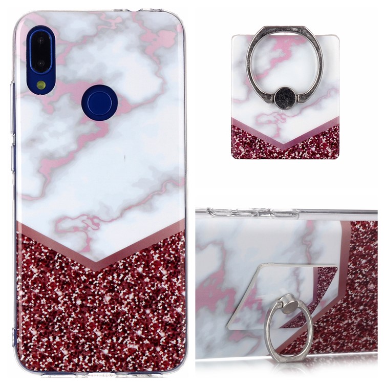 Marble Pattern IMD TPU Phone Case with Finger Ring Kickstand Shell for Xiaomi Redmi Note 7/7 Pro (India)/7S - Style J-1
