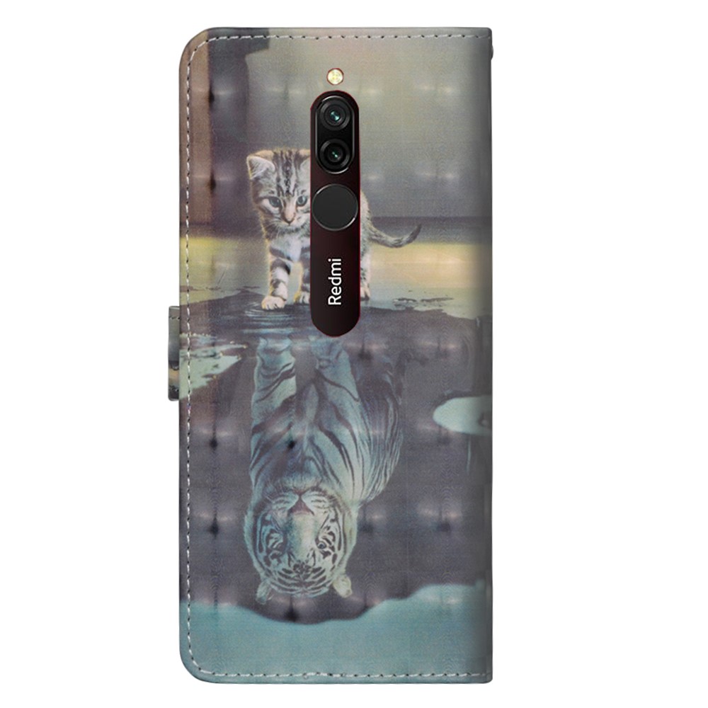 Light Spot Decor Pattern Printing Wallet Stand Leather Case with Strap for Xiaomi Redmi 8 - Cat and Tiger Reflection-3