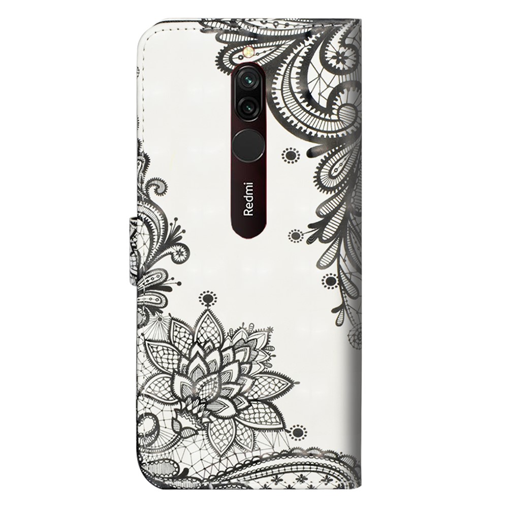 Light Spot Decor Pattern Printing Wallet Stand Leather Case with Strap for Xiaomi Redmi 8 - Lace Flower-3