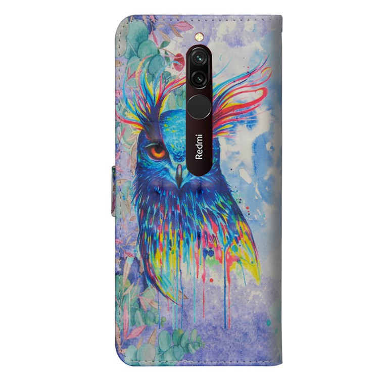 Light Spot Decor Pattern Printing Wallet Stand Leather Case with Strap for Xiaomi Redmi 8 - Colorful Owl-3