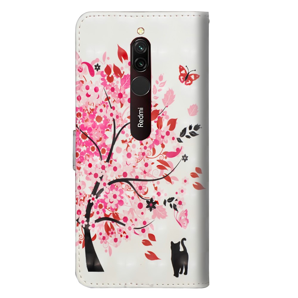 Light Spot Decor Pattern Printing Wallet Stand Leather Case with Strap for Xiaomi Redmi 8 - Cat and Flower Tree-3