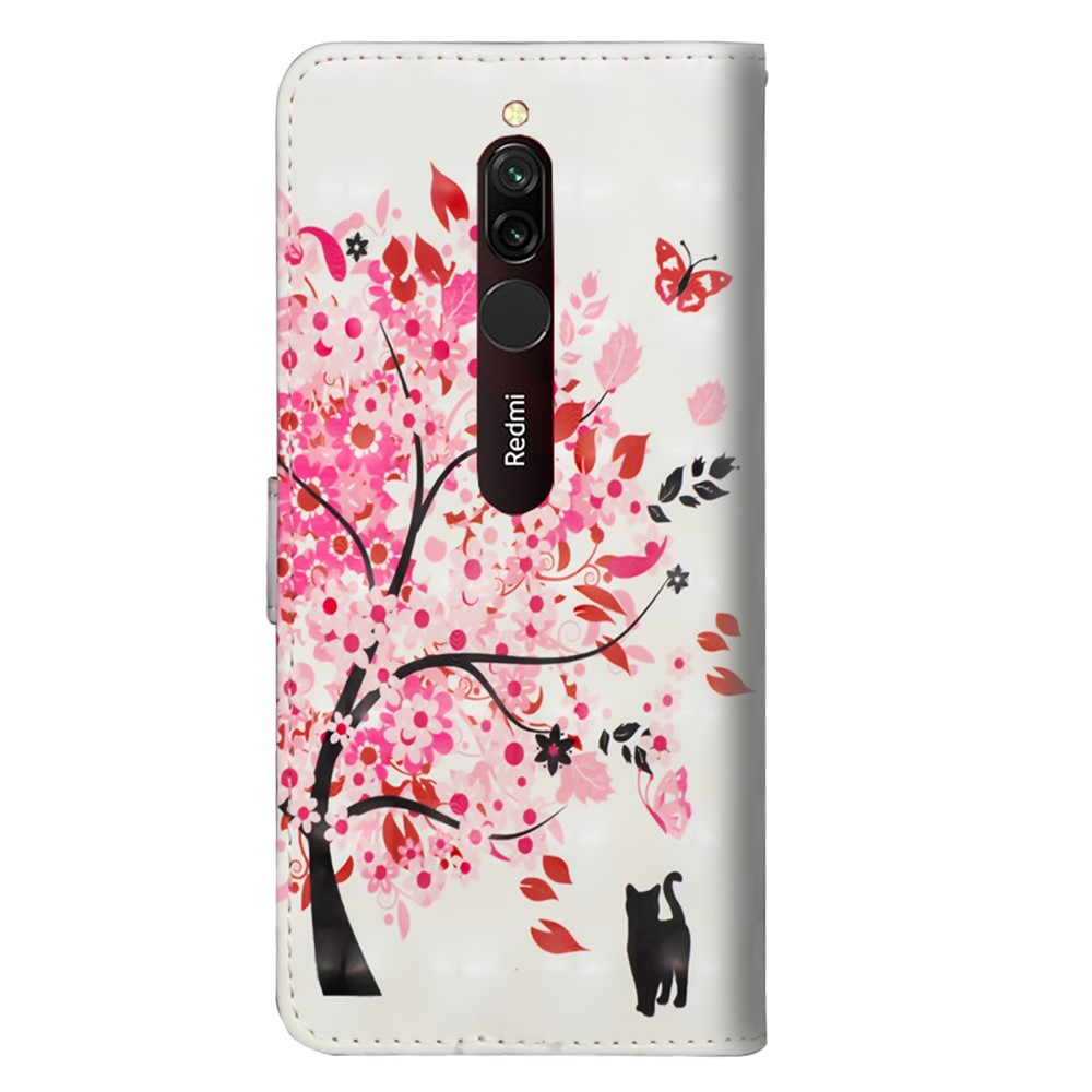 Modèle de Décoration de Spot Léger Portefeuille Support de Support en Cuir Avec Sangle Pour Xiaomi Redmi 8 - Chat et Fleurs-3