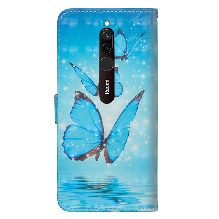 Light Spot Decor Pattern Printing Wallet Stand Leather Case with Strap for Xiaomi Redmi 8 - Blue Butterflies-3