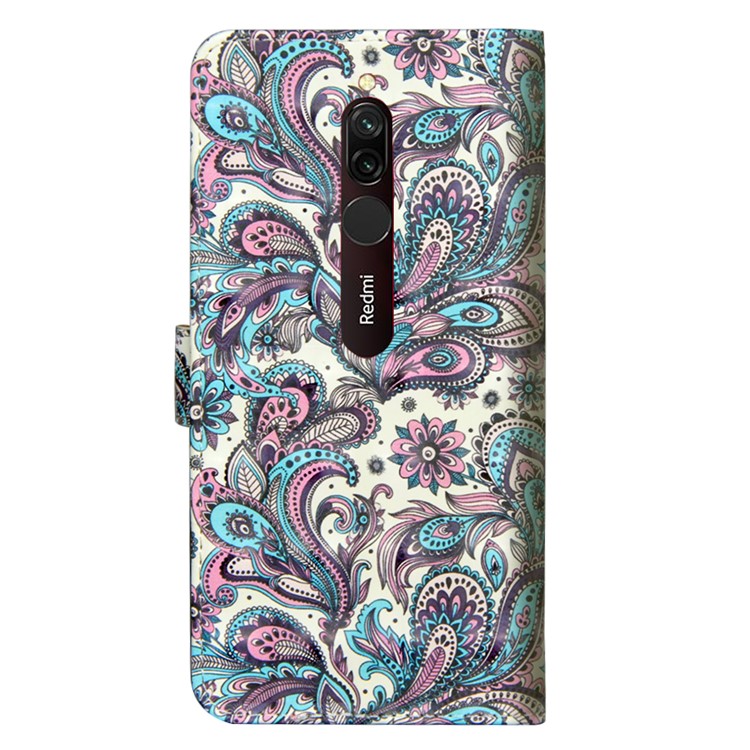 Light Spot Decor Pattern Printing Wallet Stand Leather Case with Strap for Xiaomi Redmi 8 - Paisley Flower-3