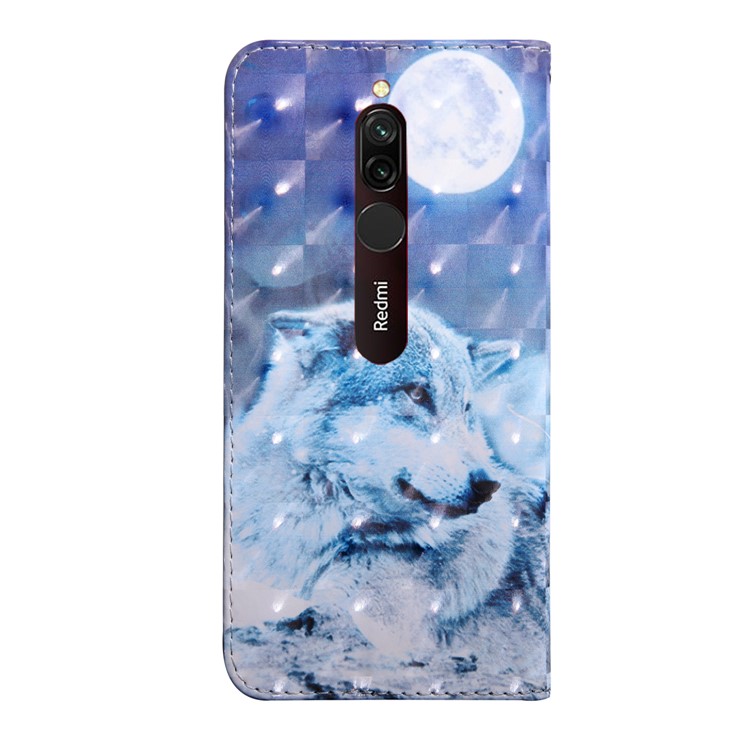 Light Spot Decor Patterned Leather Wallet Phone Cover Stand Casing for Xiaomi Redmi 8 - Wolf and Moon-3