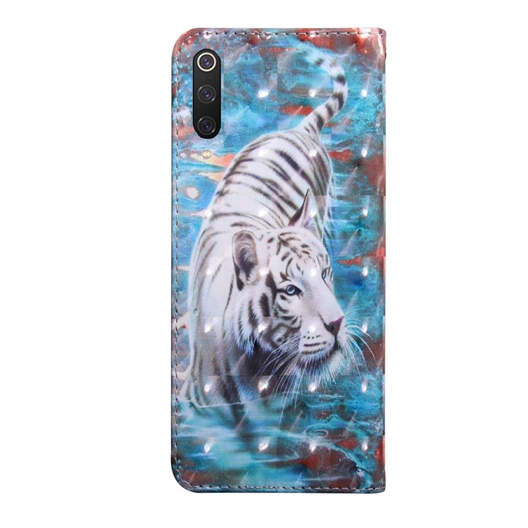Pour Xiaomi Mi 9 Portefeuille En Cuir Décoration Spot Pro Lumière À Motifs Boîtier De Couverture De Téléphone - Tigre Blanc-3