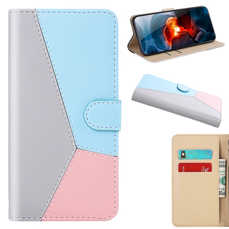 Tricolor PU Leather Wallet Phone Shell Stand Cover for Xiaomi Redmi 8 - Grey/Blue/Pink-1