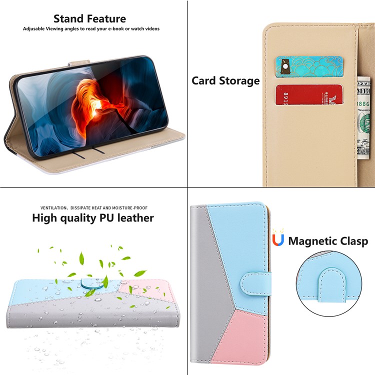 Tricolor PU Leather Wallet Phone Shell Stand Cover for Xiaomi Redmi 8 - Grey/Blue/Pink-8
