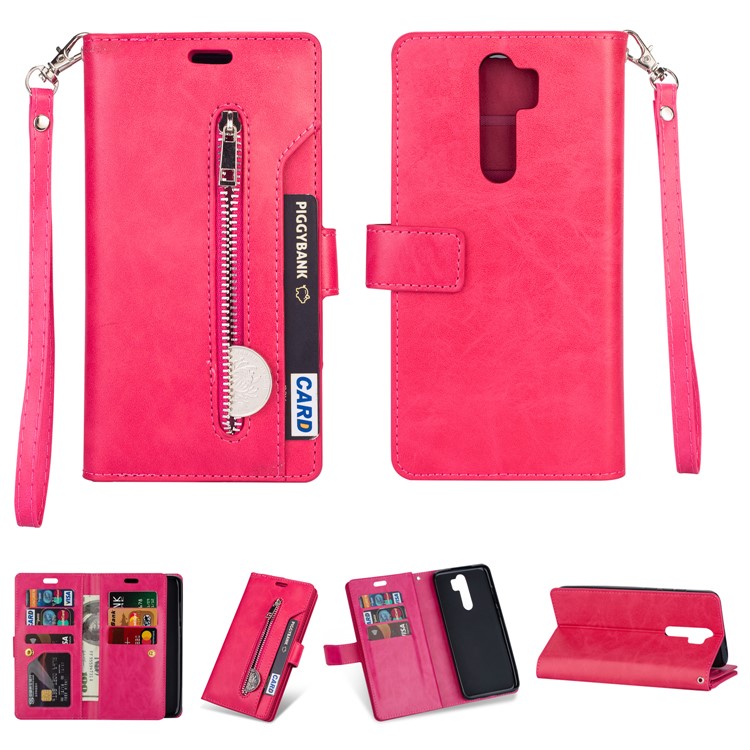Multi-slot Wallet Zippered Leather Cover Stand Case for Xiaomi Redmi Note 8 Pro - Rose-1