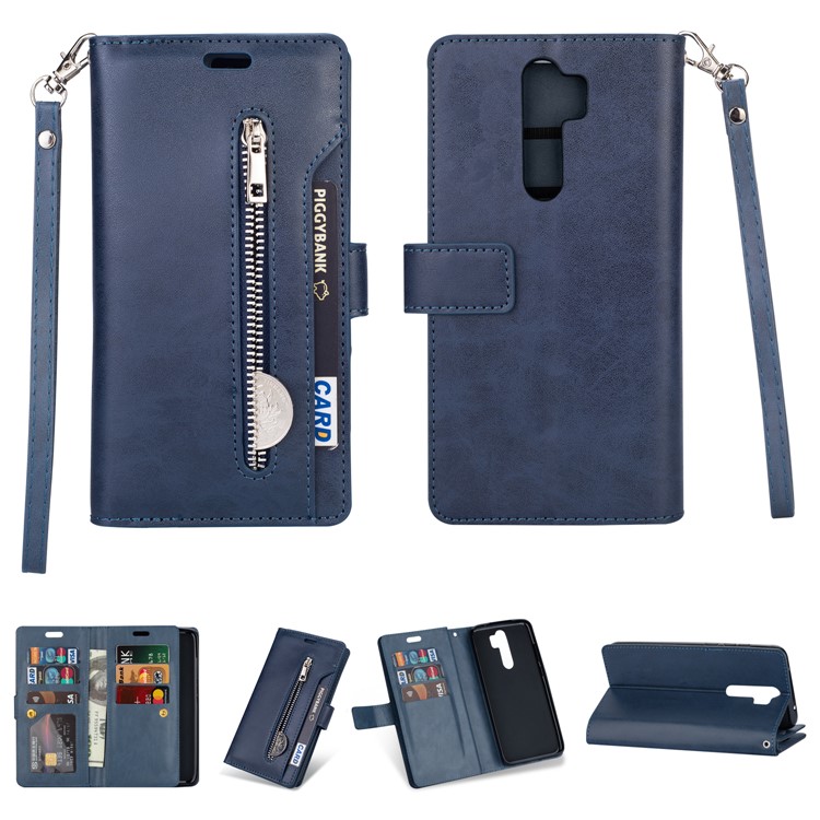 Multi-slot Wallet Zippered Leather Cover Stand Case for Xiaomi Redmi Note 8 Pro - Blue-1