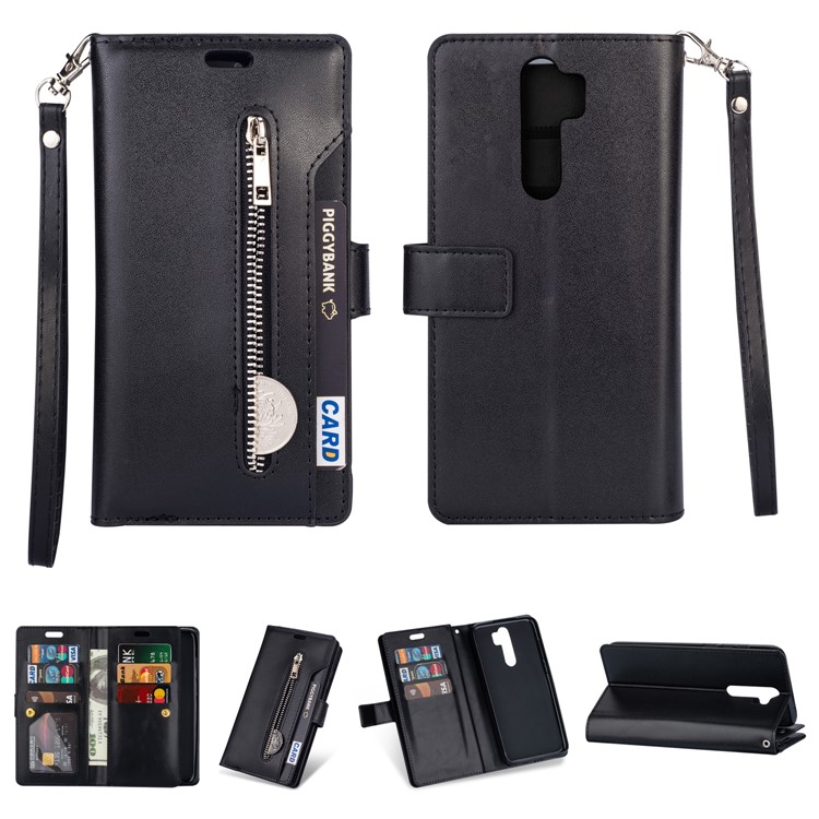 Multi-slot Wallet Zippered Leather Cover Stand Case for Xiaomi Redmi Note 8 Pro - Black-1