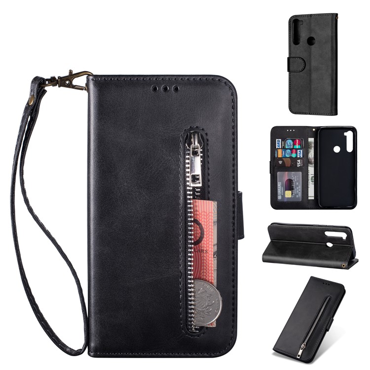 Zipper Pocket Leather Wallet Cover Case for Xiaomi Redmi Note 8 - Black-1