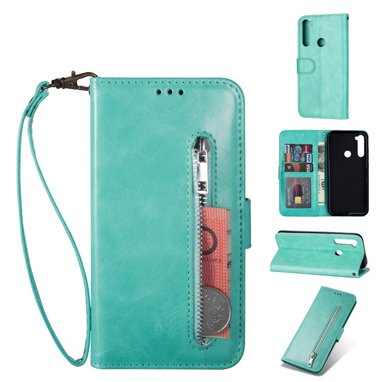 Zipper Pocket Leather Wallet Cover Case for Xiaomi Redmi Note 8 - Green-1
