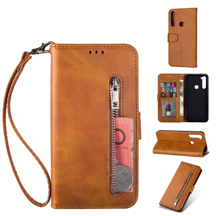 Zipper Pocket Leather Wallet Cover Case for Xiaomi Redmi Note 8 - Brown-1