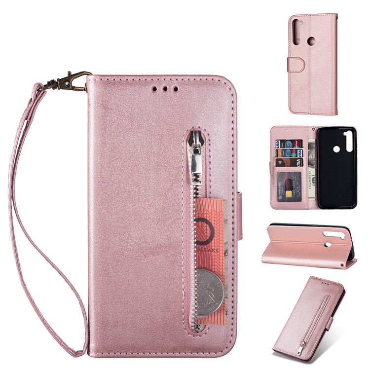 Zipper Pocket Leather Wallet Cover Case for Xiaomi Redmi Note 8 - Rose Gold-1