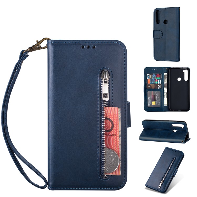 Zipper Pocket Leather Wallet Cover Case for Xiaomi Redmi Note 8 - Blue-1