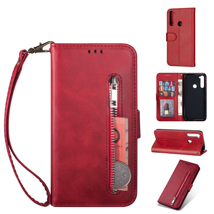 Zipper Pocket Leather Wallet Cover Case for Xiaomi Redmi Note 8 - Red-1