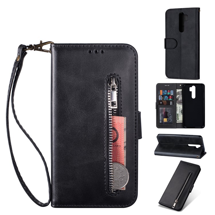 Zipper Pocket Leather Wallet Case for Xiaomi Redmi Note 8 Pro - Black-1