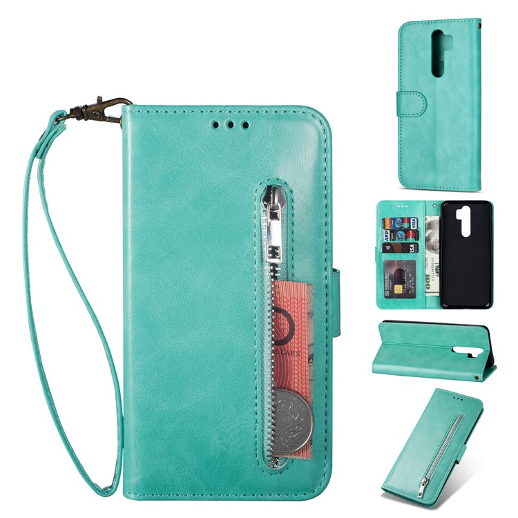 Zipper Pocket Leather Wallet Case for Xiaomi Redmi Note 8 Pro - Green-1