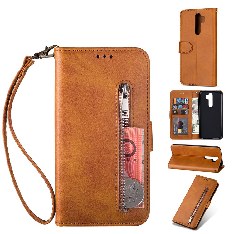 Zipper Pocket Leather Wallet Case for Xiaomi Redmi Note 8 Pro - Brown-1