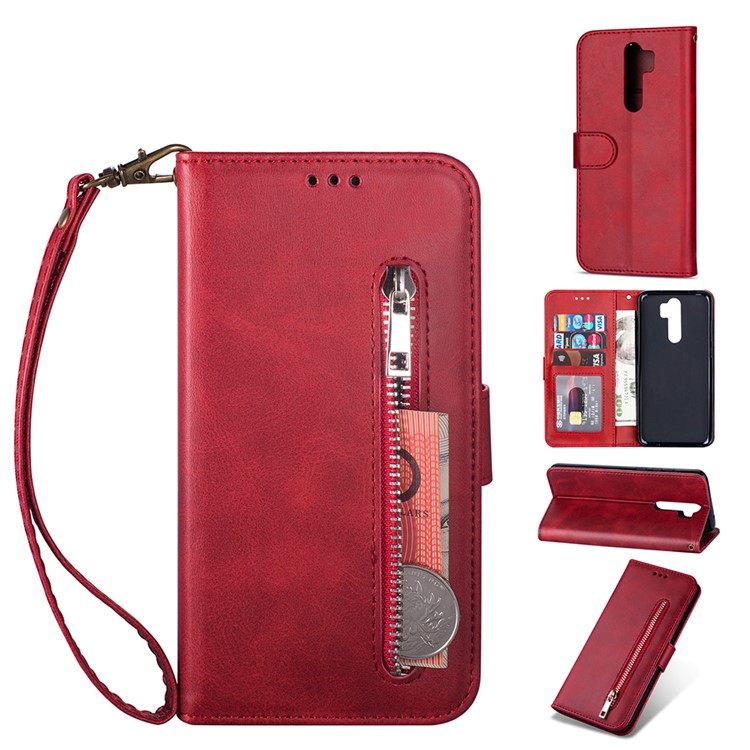Zipper Pocket Leather Wallet Case for Xiaomi Redmi Note 8 Pro - Red-1