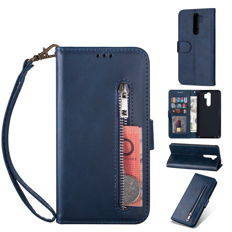 Zipper Pocket Leather Wallet Case for Xiaomi Redmi Note 8 Pro - Blue-1
