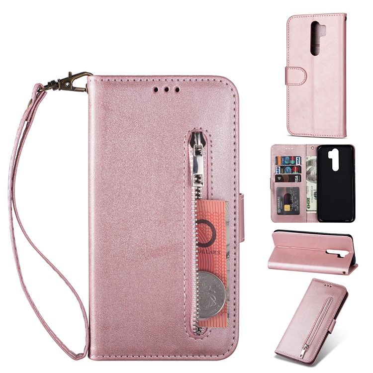 Zipper Pocket Leather Wallet Case for Xiaomi Redmi Note 8 Pro - Rose Gold-1