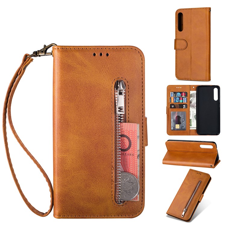 Zipper Wallet Flip Stand Leather Phone Shell with Strap for Xiaomi Mi 9 SE - Brown-1