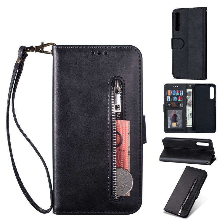 Zipper Wallet Flip Stand Leather Phone Shell with Strap for Xiaomi Mi 9 SE - Black-1
