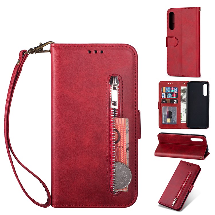 Zipper Wallet Flip Stand Leather Phone Shell with Strap for Xiaomi Mi 9 SE - Red-1