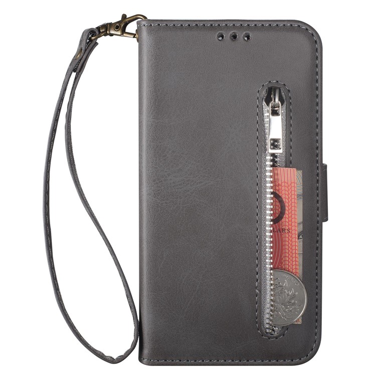 Zipper Wallet Flip Stand Leather Phone Shell with Strap for Xiaomi Mi 9 SE - Grey-2