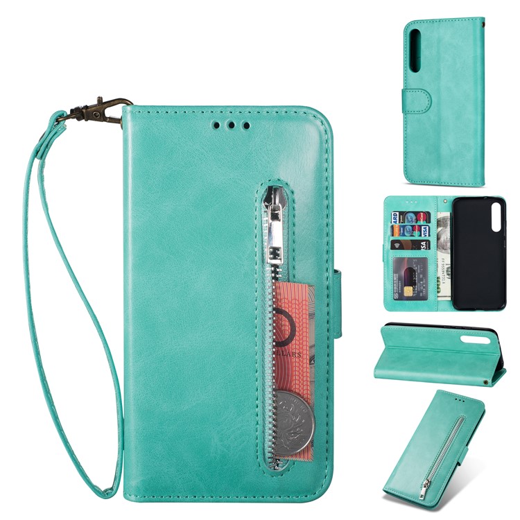 Zipper Wallet Flip Stand Leather Phone Shell with Strap for Xiaomi Mi 9 SE - Green-1
