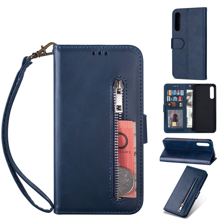 Zipper Wallet Flip Stand Leather Phone Shell with Strap for Xiaomi Mi 9 SE - Blue-1