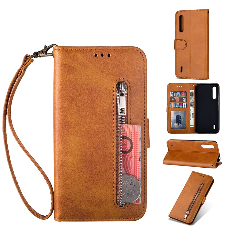 Zipper Pocket Phone Leather Wallet Case for for Xiaomi Mi CC9/Mi CC9 Meitu Edition/Mi 9 Lite - Brown-1