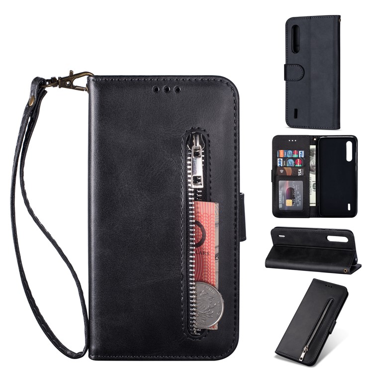 Zipper Pocket Phone Leather Wallet Case for for Xiaomi Mi CC9/Mi CC9 Meitu Edition/Mi 9 Lite - Black-1