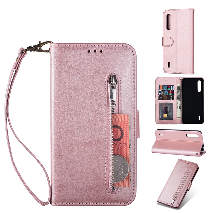 Zipper Pocket Phone Leather Wallet Case for for Xiaomi Mi CC9/Mi CC9 Meitu Edition/Mi 9 Lite - Rose Gold-1