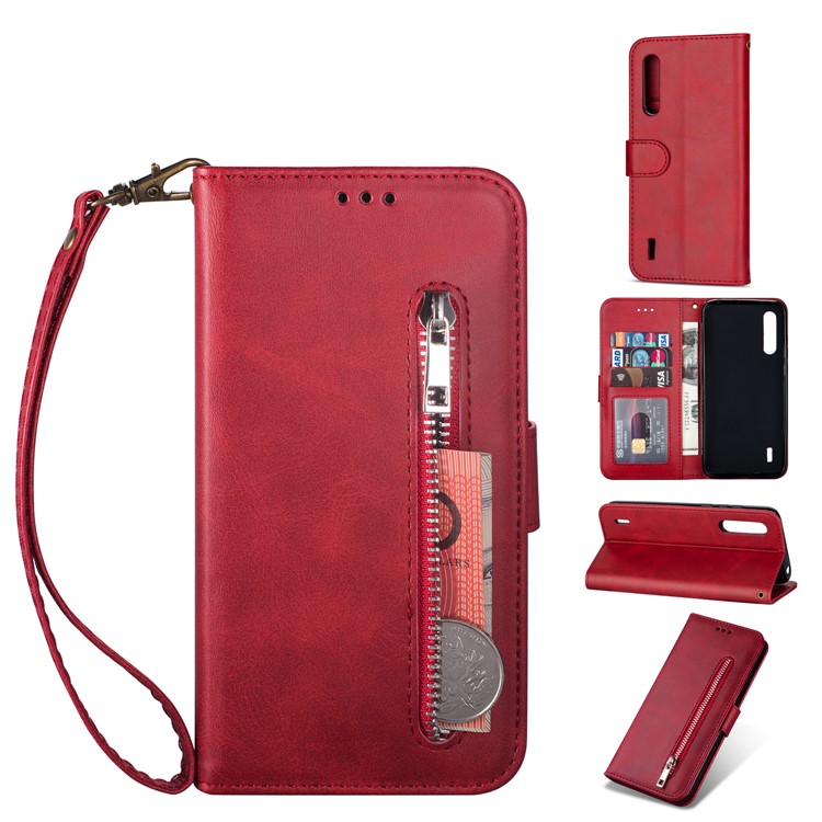 Zipper Pocket Phone Leather Wallet Case for for Xiaomi Mi CC9/Mi CC9 Meitu Edition/Mi 9 Lite - Red-1