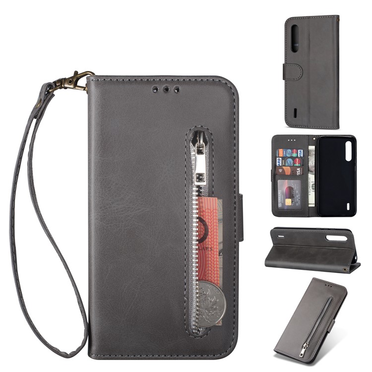 Zipper Pocket Phone Leather Wallet Case for for Xiaomi Mi CC9/Mi CC9 Meitu Edition/Mi 9 Lite - Grey-1