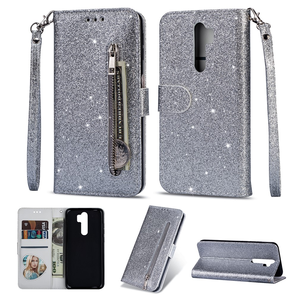 Glitter Powder Zippered Leather Wallet Case with Strap for Xiaomi Redmi Note 8 Pro - Silver-1