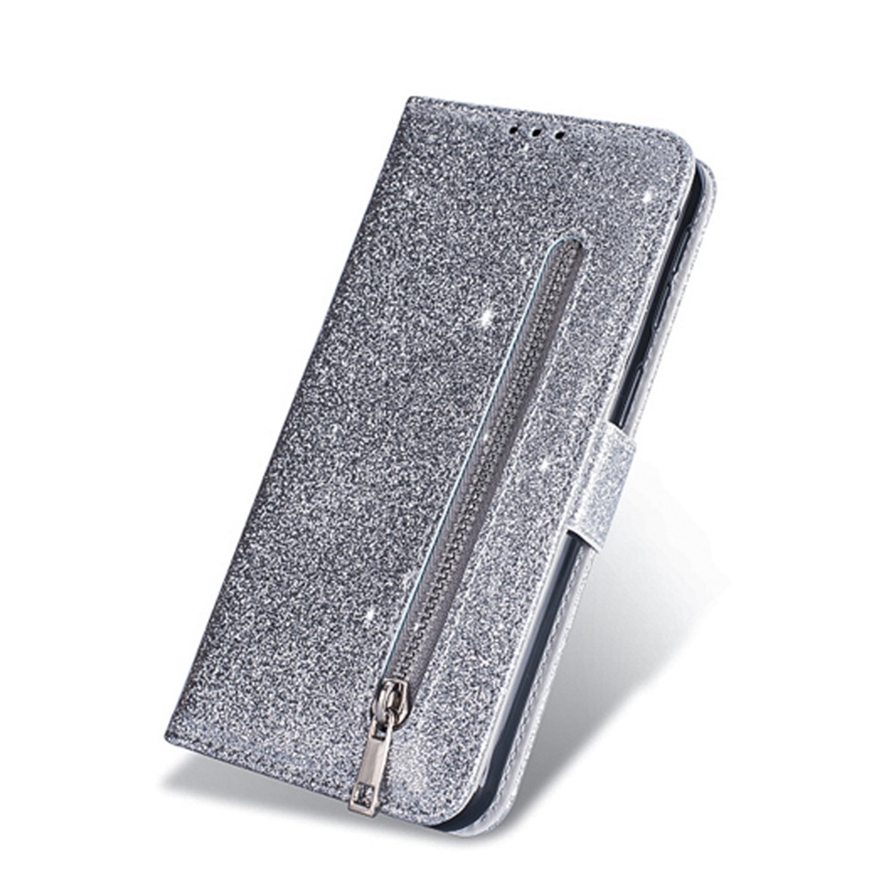 Glitter Powder Zippered Leather Wallet Case with Strap for Xiaomi Redmi Note 8 Pro - Silver-6