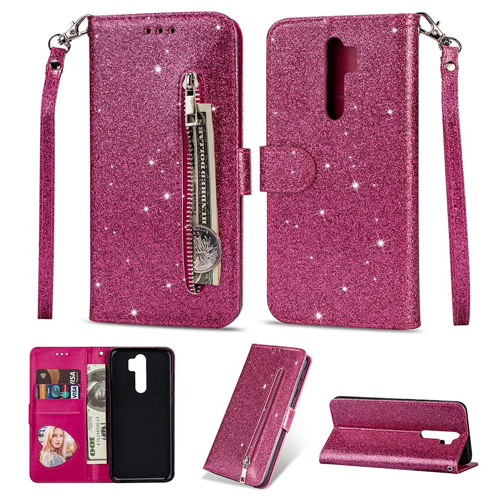 Glitter Powder Zippered Leather Wallet Case with Strap for Xiaomi Redmi Note 8 Pro - Rose-1