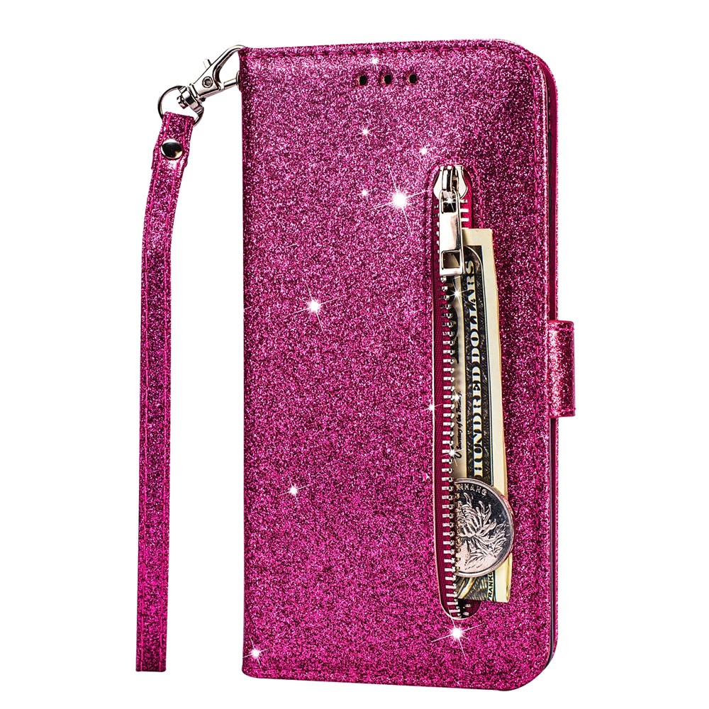 Glitter Powder Zippered Leather Wallet Case with Strap for Xiaomi Redmi Note 8 Pro - Rose-2