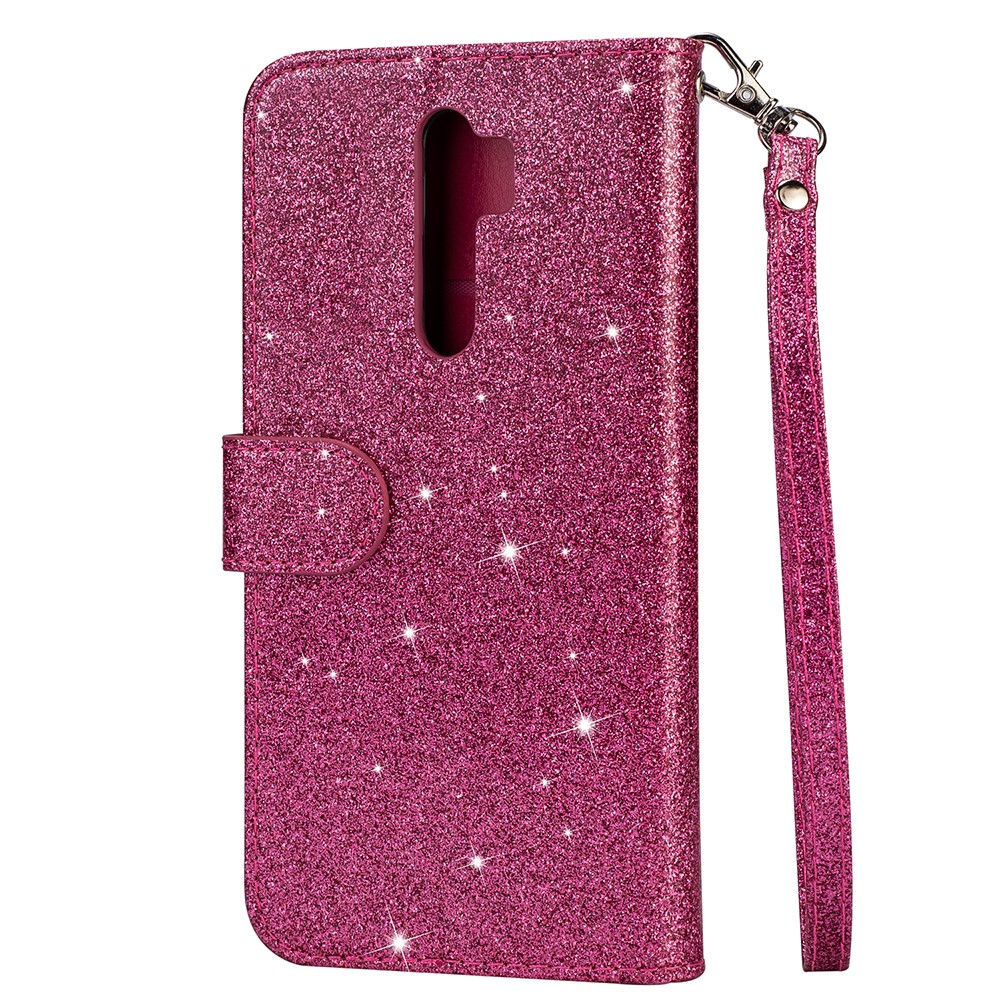 Glitter Powder Zippered Leather Wallet Case with Strap for Xiaomi Redmi Note 8 Pro - Rose-3