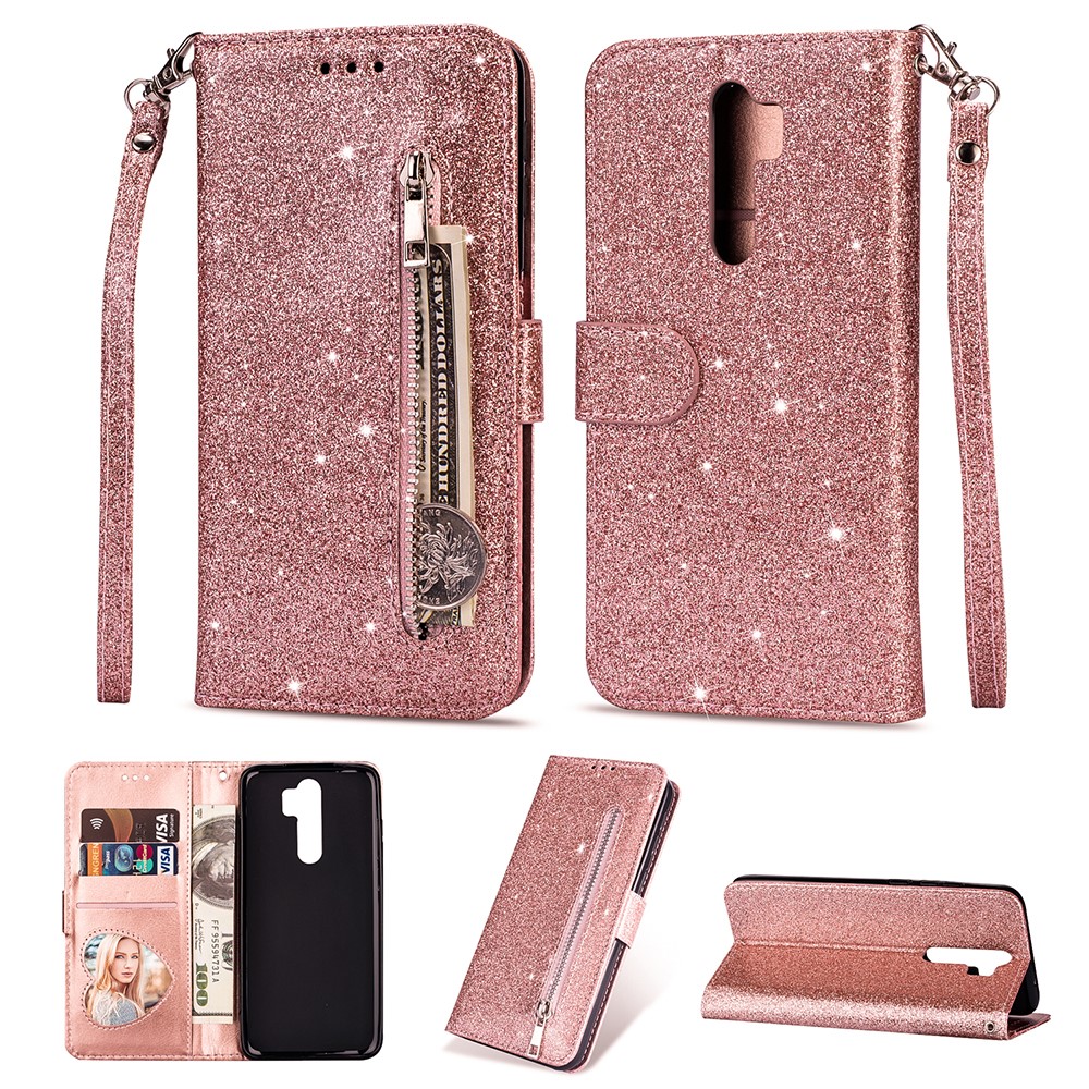 Glitter Powder Zippered Leather Wallet Case with Strap for Xiaomi Redmi Note 8 Pro - Rose Gold-1