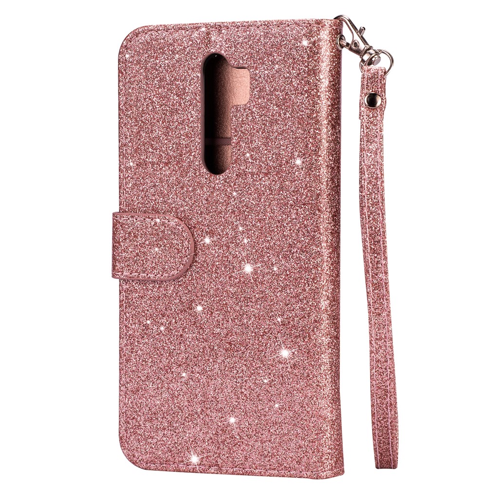 Glitter Powder Zippered Leather Wallet Case with Strap for Xiaomi Redmi Note 8 Pro - Rose Gold-3