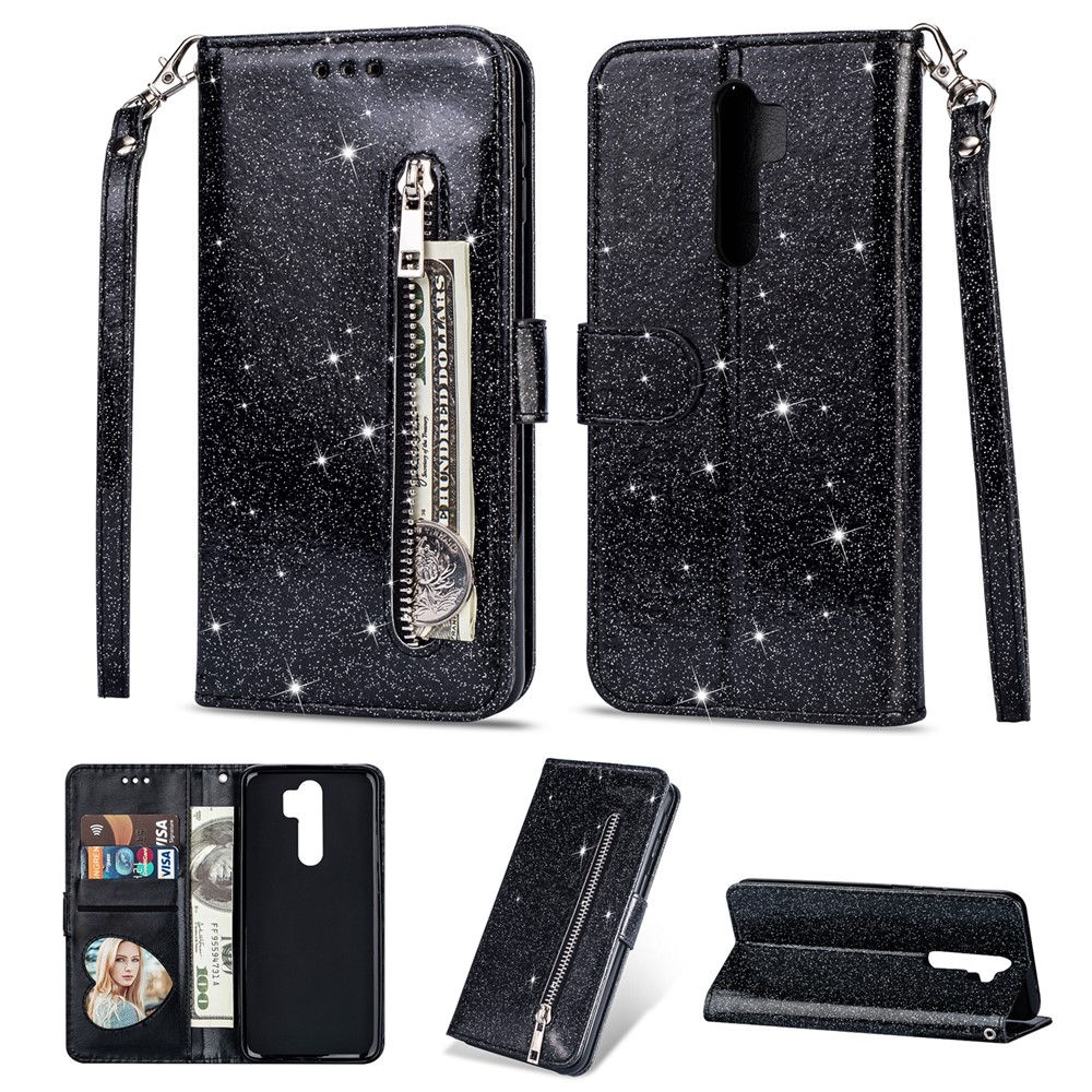 Glitter Powder Zippered Leather Wallet Case with Strap for Xiaomi Redmi Note 8 Pro - Black-1