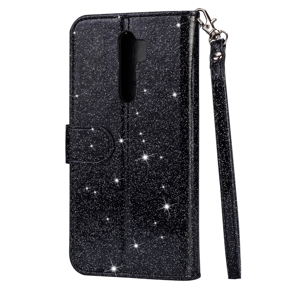 Glitter Powder Zippered Leather Wallet Case with Strap for Xiaomi Redmi Note 8 Pro - Black-3