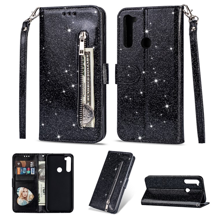 Shiny Sparkle Glitter Powder Zippered Stand Leather Shell with Strap for Xiaomi Redmi Note 8 - Black-1