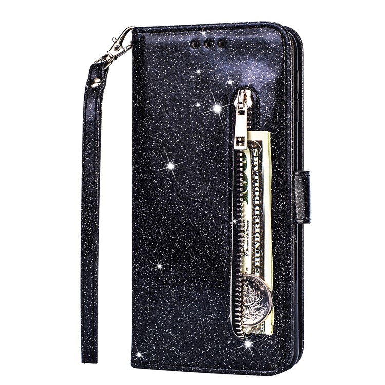 Shiny Sparkle Glitter Powder Zippered Stand Leather Shell with Strap for Xiaomi Redmi Note 8 - Black-2