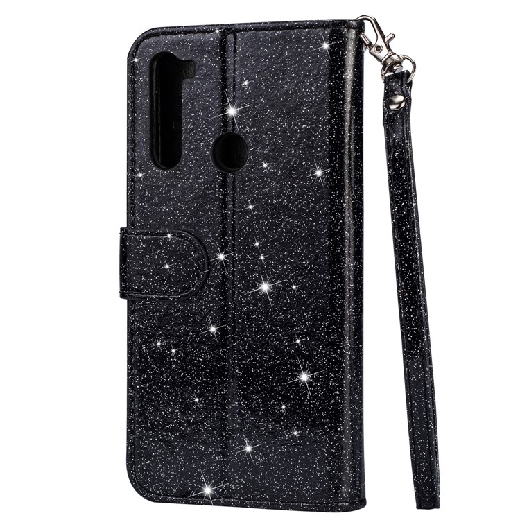 Shiny Sparkle Glitter Powder Zippered Stand Leather Shell with Strap for Xiaomi Redmi Note 8 - Black-3